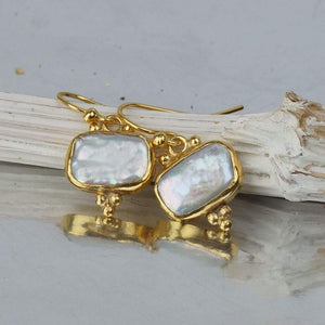 Omer 925 Sterling Silver Handmade Turkish Artisan Rectangle Pearl Gold Earrings