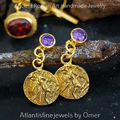 Turkish Bronze Coin & Amethyst Earrings Handmade Designer Jewelry By Omer 925 Sterling Silver 24 k Yellow Gold Plated