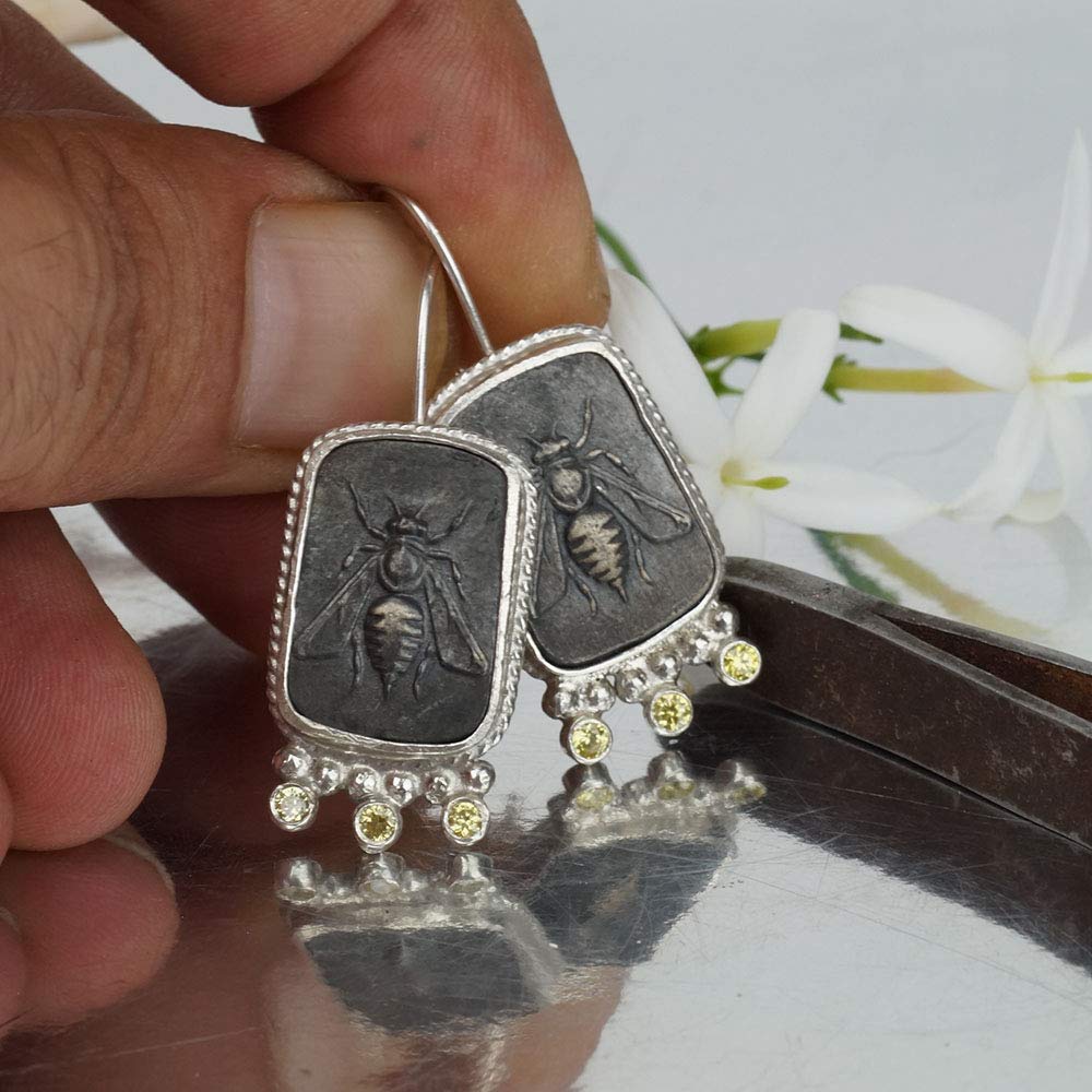 Bee Coin Earrings w/Canary Yellow Topaz 925 Sterling Silver Roman Art Turkish Jewelry By Omer