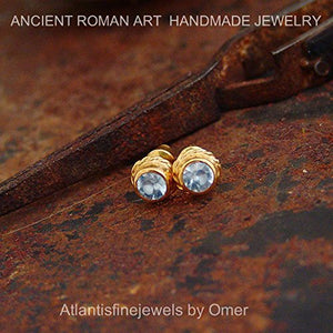 Aquamarine Stud Earrings By Omer 24k Gold over 925k Sillver Handmade Roman Art