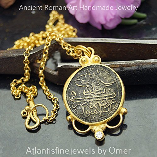 Omer Handmade Ottoman Script Coin Pendant W/ Chain 24 K Gold Over Fine Sterling