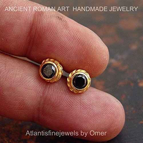 Handmade Roman Art Black Onyx Stud Earrings By Omer 24k Gold over 925k Silver