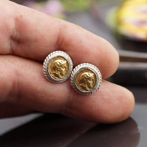 Sterling Silver 925k 2 Tone Ancient Roman Art Stud Coin Earrings By Omer Handmade