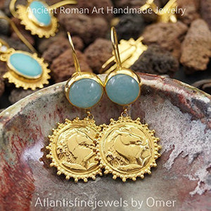 Blue Chalcedony & Horse Coin Earrings 925 Silver Sun Collection 24k Gold Vermeil Turkish Jewelry