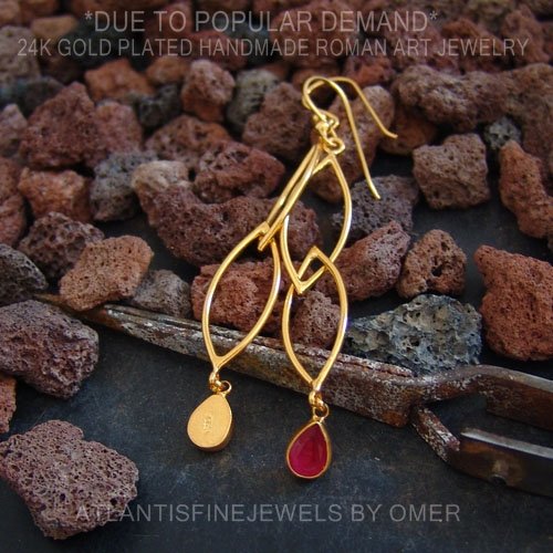 Omer 925 k Silver Designer Handmade Long Ruby Earrings 24k Yellow Gold Vermeil