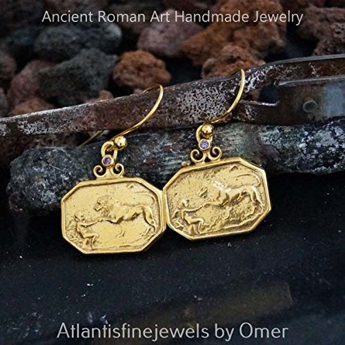 Omer 925 k Sterling Silver Handmade Amethyst Lion Coin Earrings 24k Gold Vermeil
