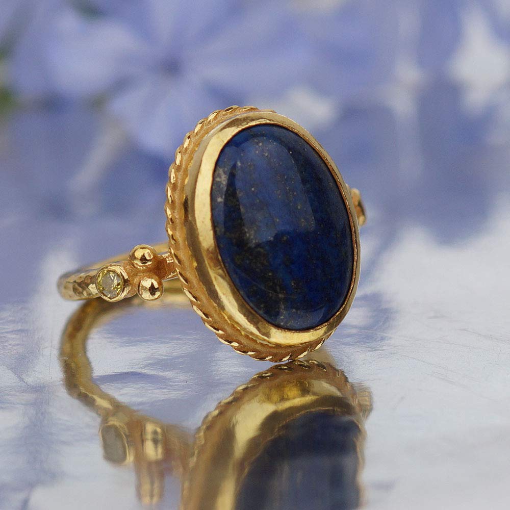  Turkish Lapis Lazulli Ring Handmade Designer Jewelry By Omer 925 Sterling Silver 24 k Yellow Gold Plated