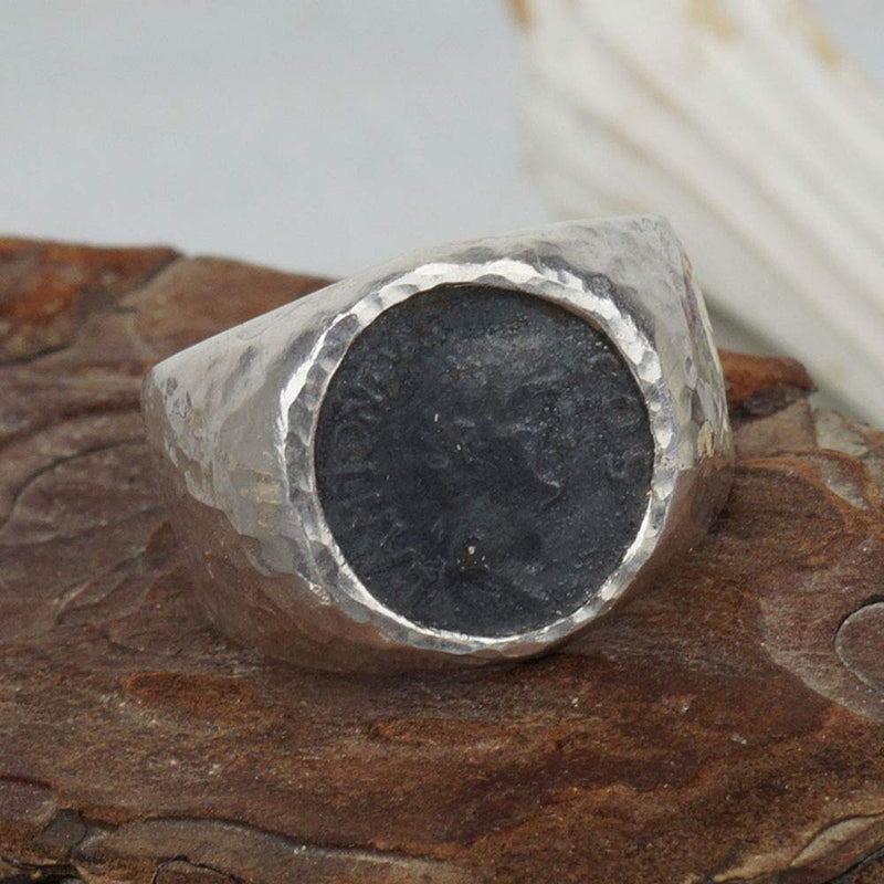 FREE SIZE Omer Blackened Signet Coin Men's Ring Roman Art Handmade 925 Silver