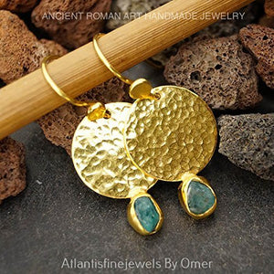 Hammered Rough Blue Apatite Earrings 24 k Gold Over 925 Sterling Silver By Omer