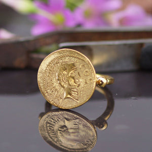 925k Sterling Silver Handmade Roman Art Designer Hammered Coin Ring By Omer 24k