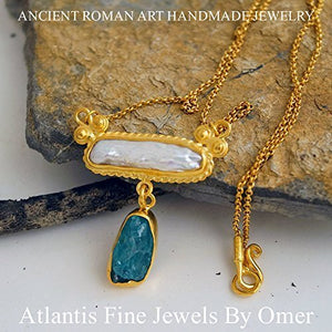 Pearl & Apatite Chain Necklace 24k Gold Over 925 k Sterling Silver Handmade