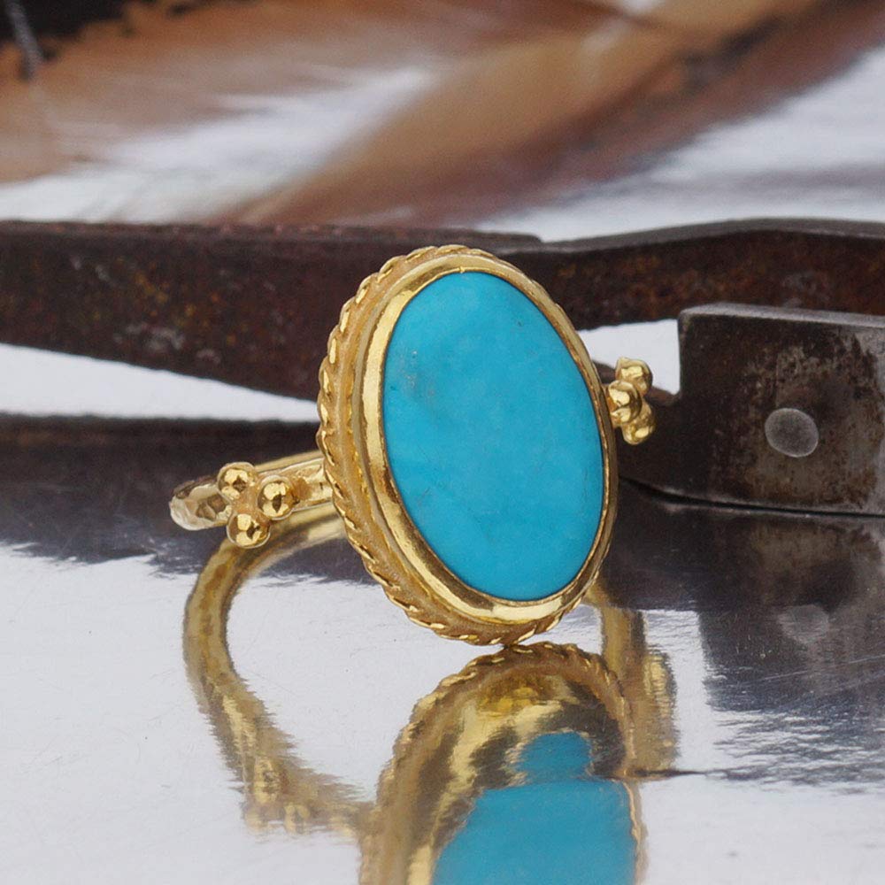 Turkish Turquoise Ring Handmade Designer Jewelry By Omer 925 Sterling Silver 24 k Yellow Gold Plated