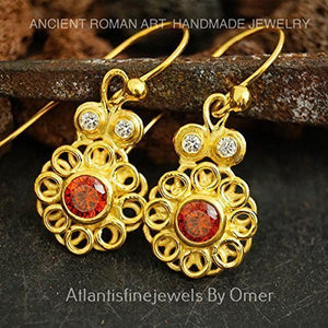 Omer Handmade Orange & White Topaz Earrings 24 k Yellow Gold Sterling Silver