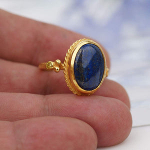 Turkish Handmade Lapis Ring 925 Sterling Silver 24 k Yellow Gold Plated