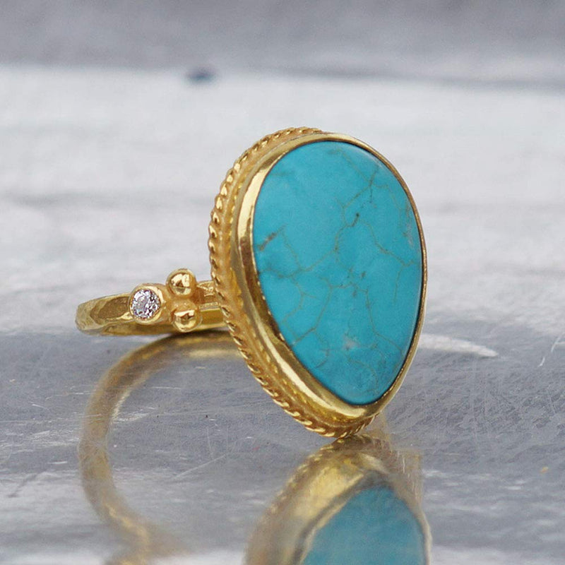 Turkish Turquoise Ring Handmade Designer Jewelry By Omer 925 Sterling Silver 24 k Yellow Gold Plated