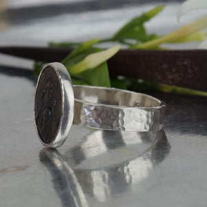 Omer Sterling Silver Hammered Flat Band Oxidized Bee Coin Ring Turkish Jewelry