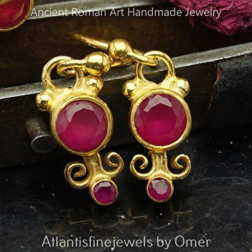 Turkish Red Topaz Earrings Handmade Designer Jewelry By Omer 925 Sterling Silver 24 k Yellow Gold Plated