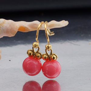 AtlantisFineJewels Red Coral Dainty Dangle Earrings 24 k Yellow Gold Vermeil