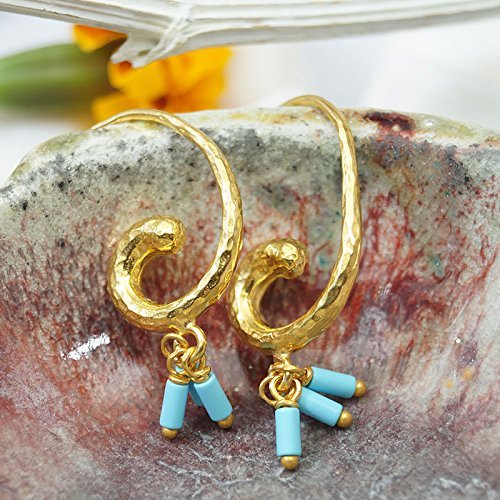 Sterling Silver Hammered Turkish Horn Charm Earrings W/Turquoise 24k Gold Plated
