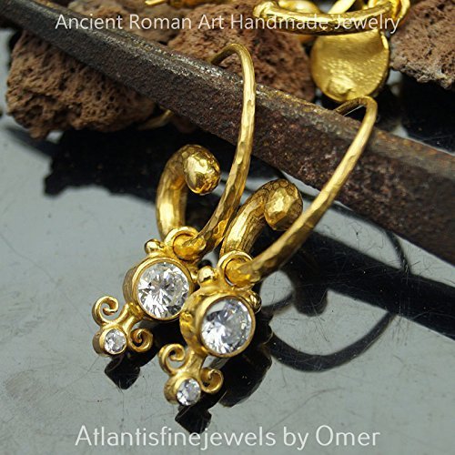 Turkish Horn White Topaz Earrings Handmade Designer Jewelry By Omer 925 Sterling Silver 24 k Yellow Gold Plated