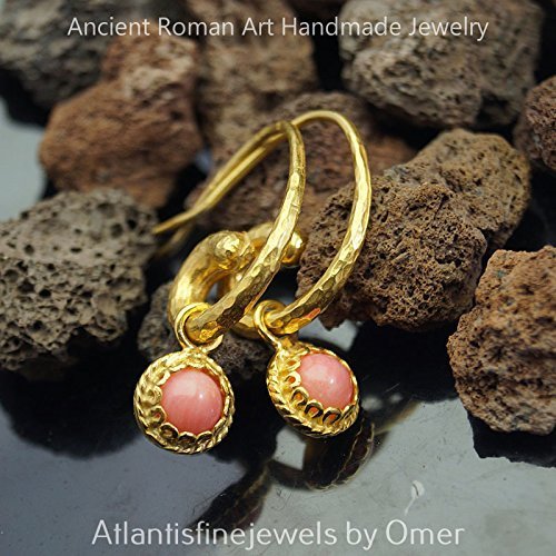 Hammered Hoop Coral Charm Earrings 24 k Gold over 925 k Silver Design By Omer
