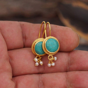 Omer 925 Sterling Silver Turquoise Earrings W/Pearl Charms Roman Art Handmade Turkish Jewelry