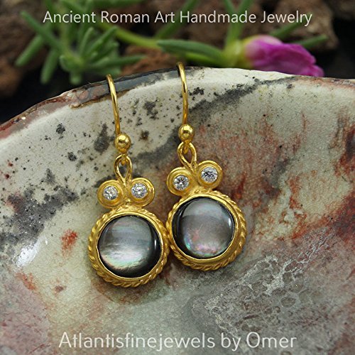 Omer Sterling Silver Turkish Handmade Mother Of Pearl Earrings 24k Gold Vermeil