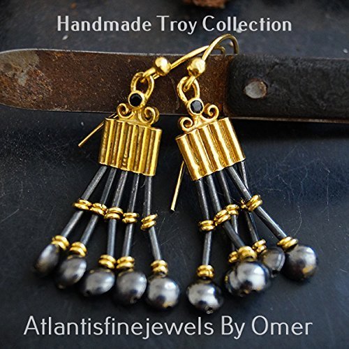 Turkish Onyx Earrings Handmade Designer Jewelry By Omer 925 Sterling Silver 24 k Yellow Gold Plated