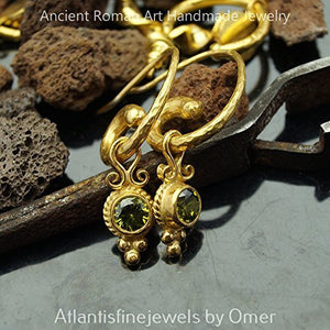 Omer Designer Peridot Charm Hammered Horn Earrings 24 k Gold over 925 k Silver