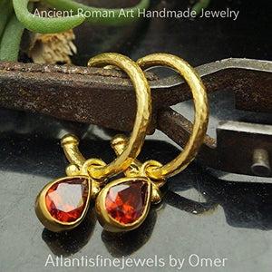 Omer Hammered Hoop Earrings W/ Pear Garnet Charm 24 k Gold over 925 k Silver