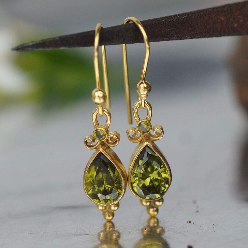 Turkish Peridot Earrings Handmade Designer Jewelry By Omer 925 Sterling Silver 24 k Yellow Gold Plated