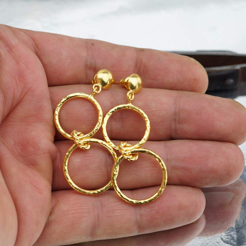 Omer 925 k Sterling Silver Hook Earrings With Hammered Circle Discs 24k Yellow Gold Vermeil