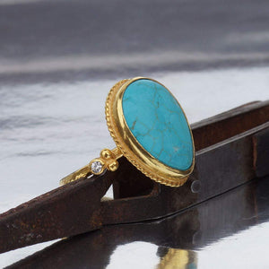 Omer 925 Silver Handmade Roman Art Drop Turquoise Gold Ring Artisan Jewelry
