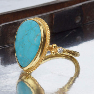Roman Art Drop Turquoise Ring 24 k Gold Over 925 Sterling Silver By Omer Turkish Fine Jewelry