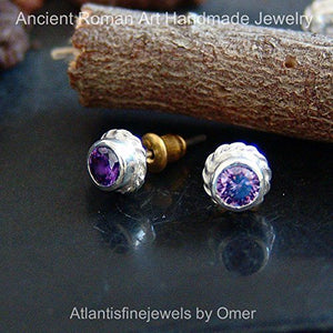 Handmade Ancient Roman Art Amethyst Stud Earrings By Omer 925k Sterling Silver