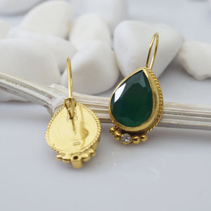 Omer 925 Silver Handmade Green Drop Jade Women Earrings 24 k Yellow Gold Plated