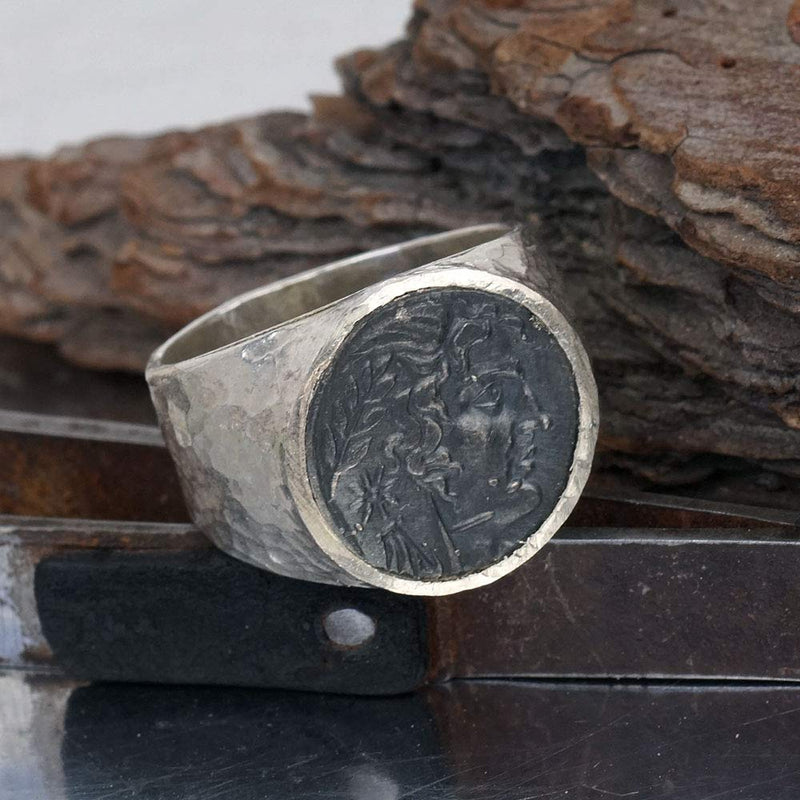 Omer  925 k Silver Blackened Alexander Coin Handmade Men's Ring Turkish Jewelry