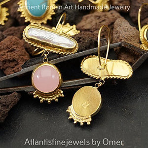 Omer Handmade 925 k Silver Pearl & Pink Quartz Gemstone Earrings Turkish Jewelry