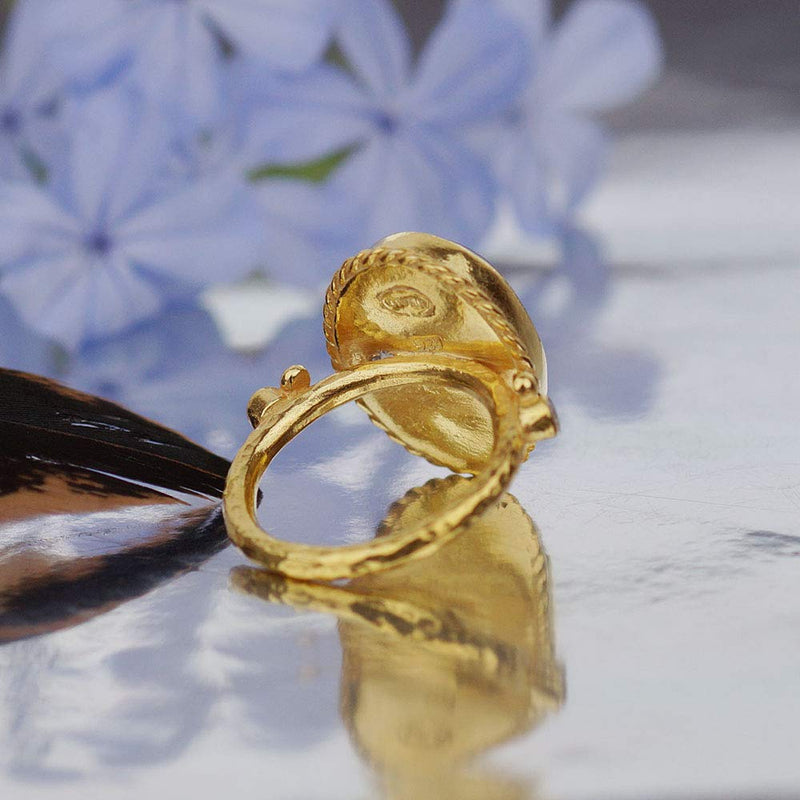 925 k Silver Lapis & White Topaz Ancient Handmade Ring By Omer 24 k Gold Vermeil