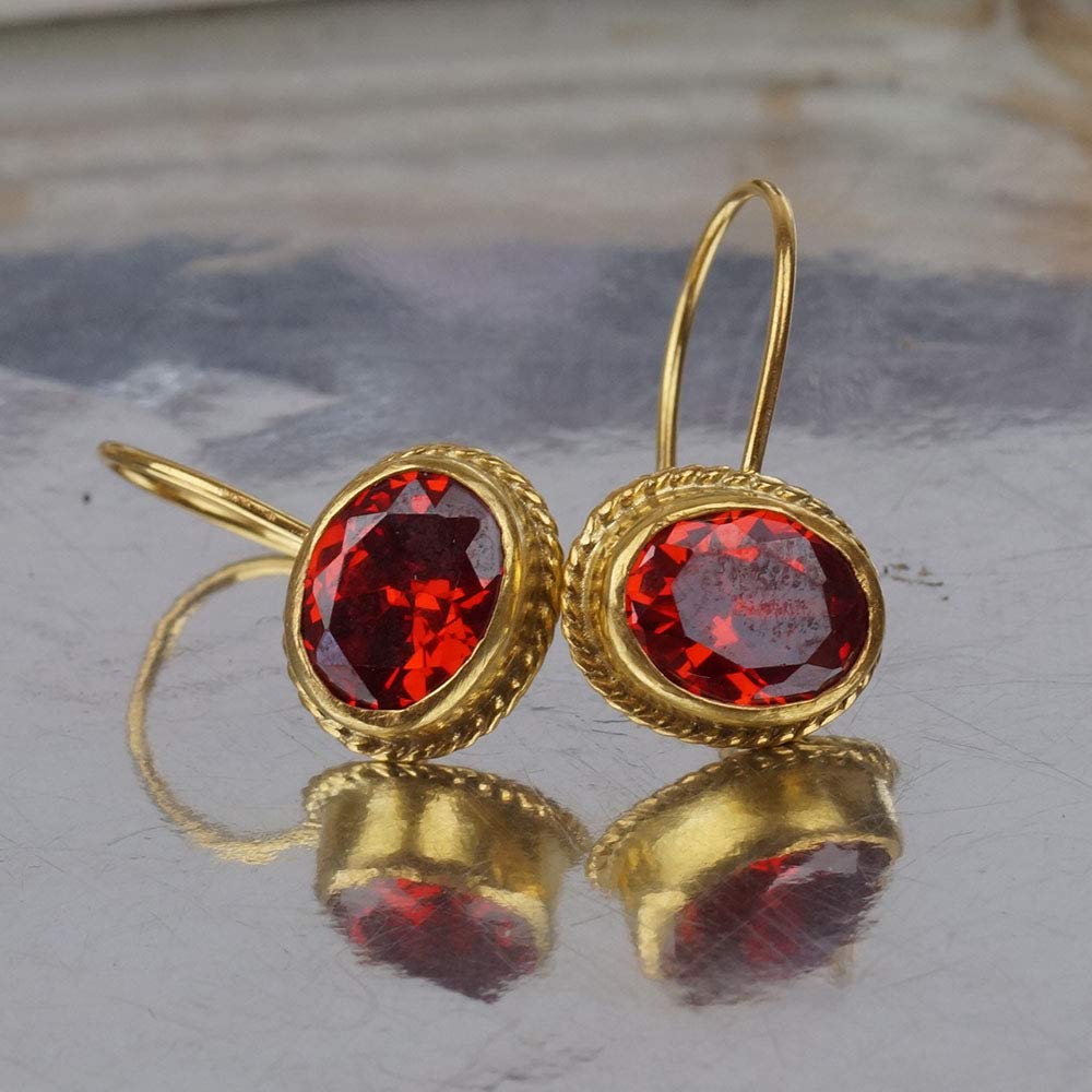 Omer 925 Sterling Silver Handmade Turkish Garnet Dangle Earrings 24k Gold Over Plated