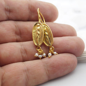 Sterling Silver Coin & Pearl Earrings 24 k Yellow Gold Plated By Omer Handmade