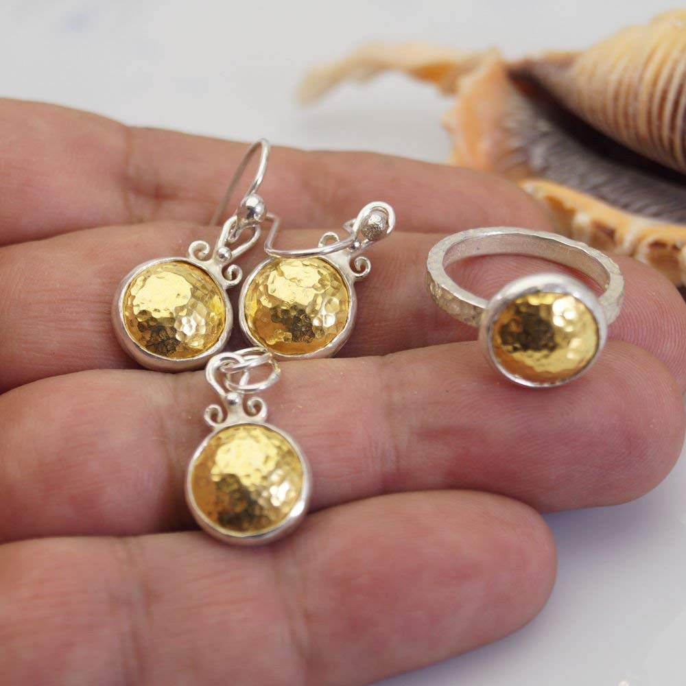 Sterling Silver 2 Tone Hammered Ring Earrings Pendant Set 24k Yellow Gold Plated