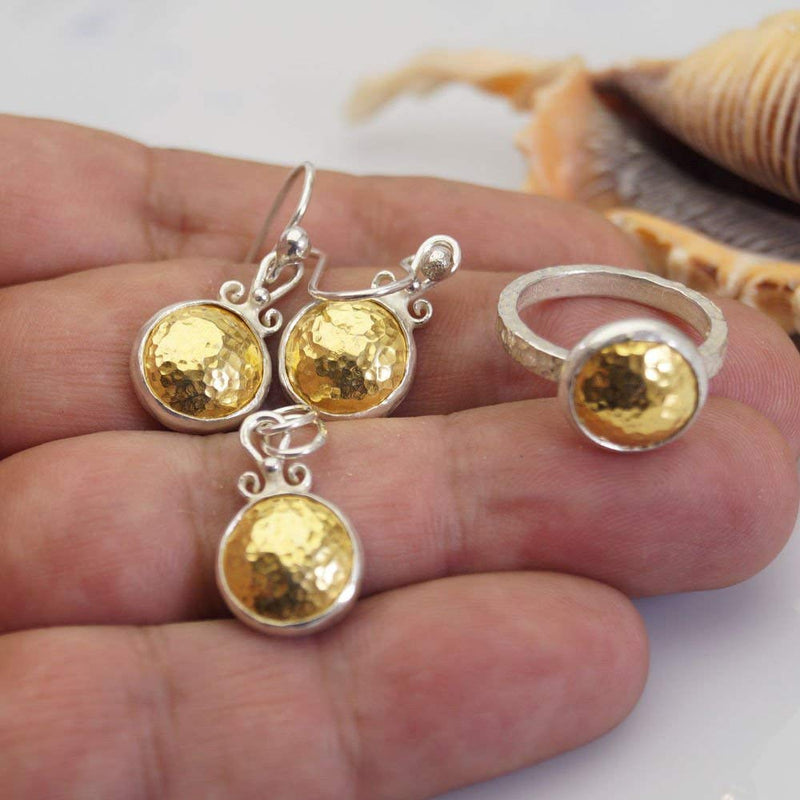 Sterling Silver 2 Tone Hammered Ring Earrings Pendant Set 24k Yellow Gold Plated