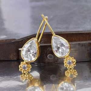 Turkish Pear White Topaz Earrings  Handmade Designer Jewelry By Omer 925 Sterling Silver 24 k Yellow Gold Plated
