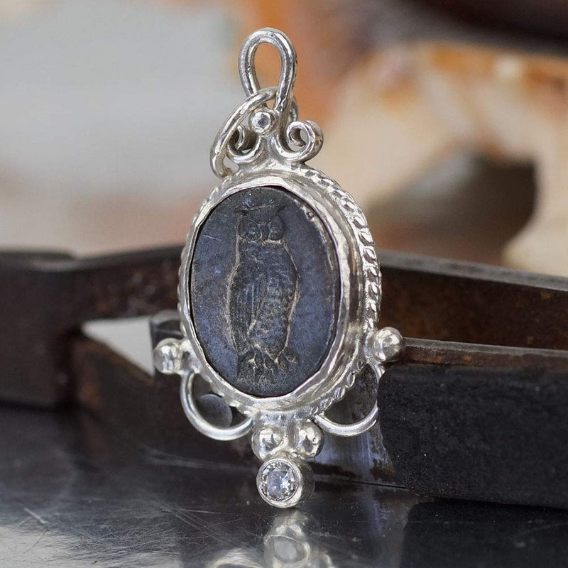 Omer Oxidized Owl Coin Pendant Handmade Ancient Roman Art 925 k Sterling Silver