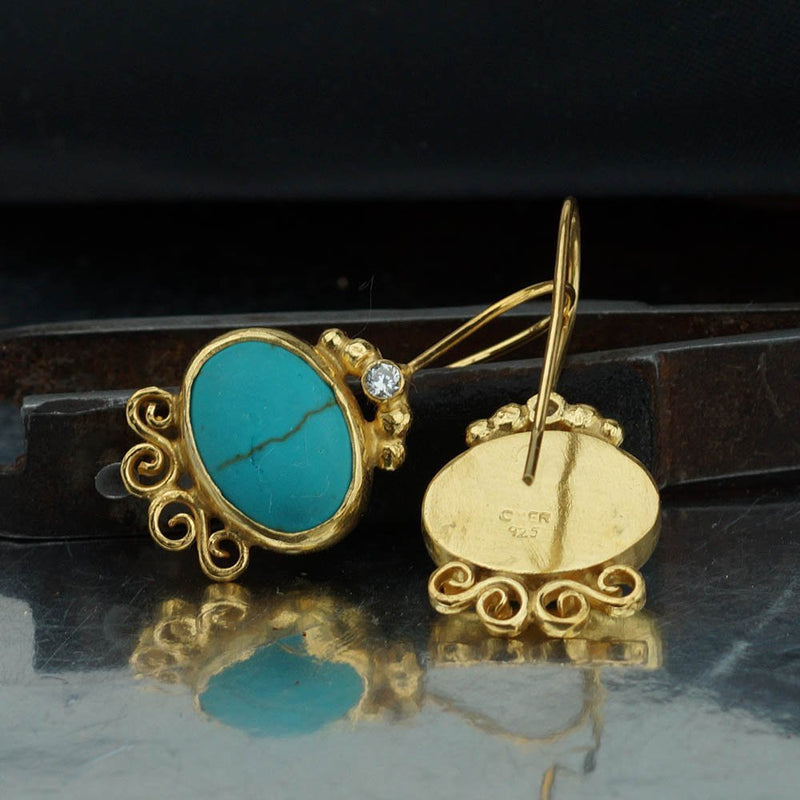 925 Sterling Silver Turquoise Earrings 24k Gold Plated Omer Handmade Turkish Fine Jewelry