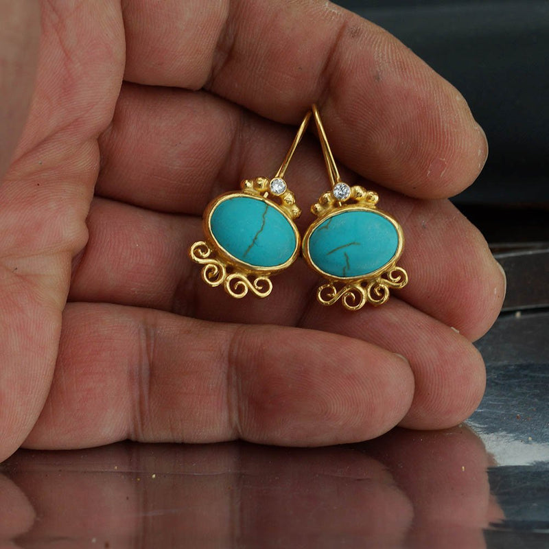925 Sterling Silver Turquoise Earrings 24k Gold Plated Handmade Turkish Jewelry