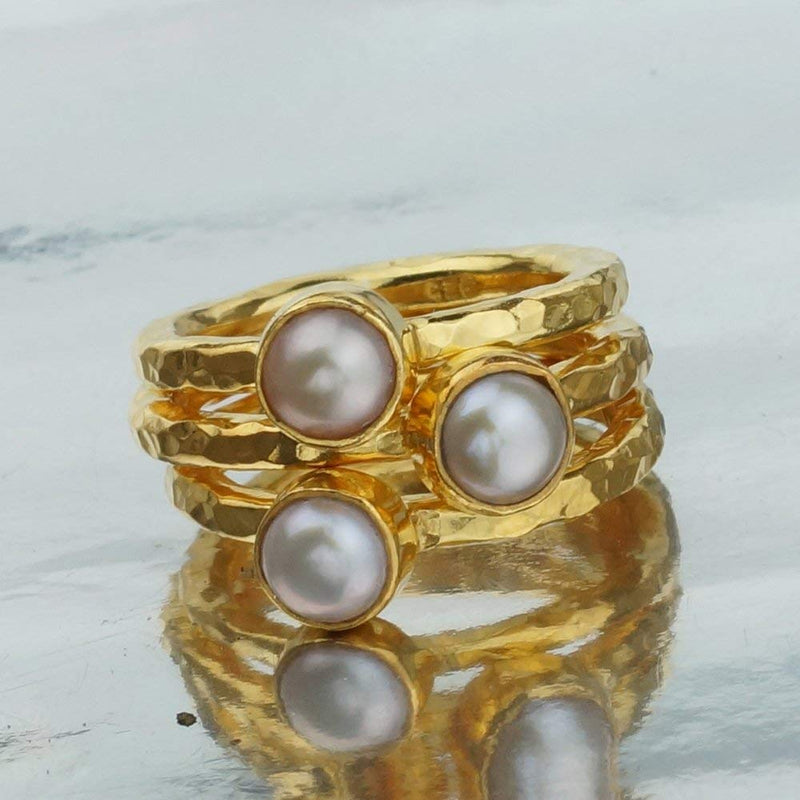 1 Pcs White Pearl Ring 925 k Sterling Silver 24k Yellow Gold Vermeil, Turkish Je