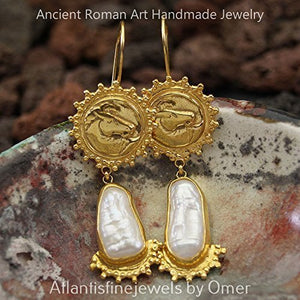 Omer Sterling Silver Ancient Work Pearl & Horse Coin Unique Handmade Earrings