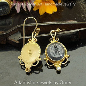 Roman Art Fly Coin 2 Tone Earrings 925 Sterling Silver 24k Gold Vermeil Jewelry